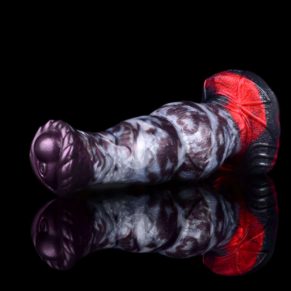 Falkor (19.5cm) horse dildo showcasing detailed design and flared head on a reflective surface.