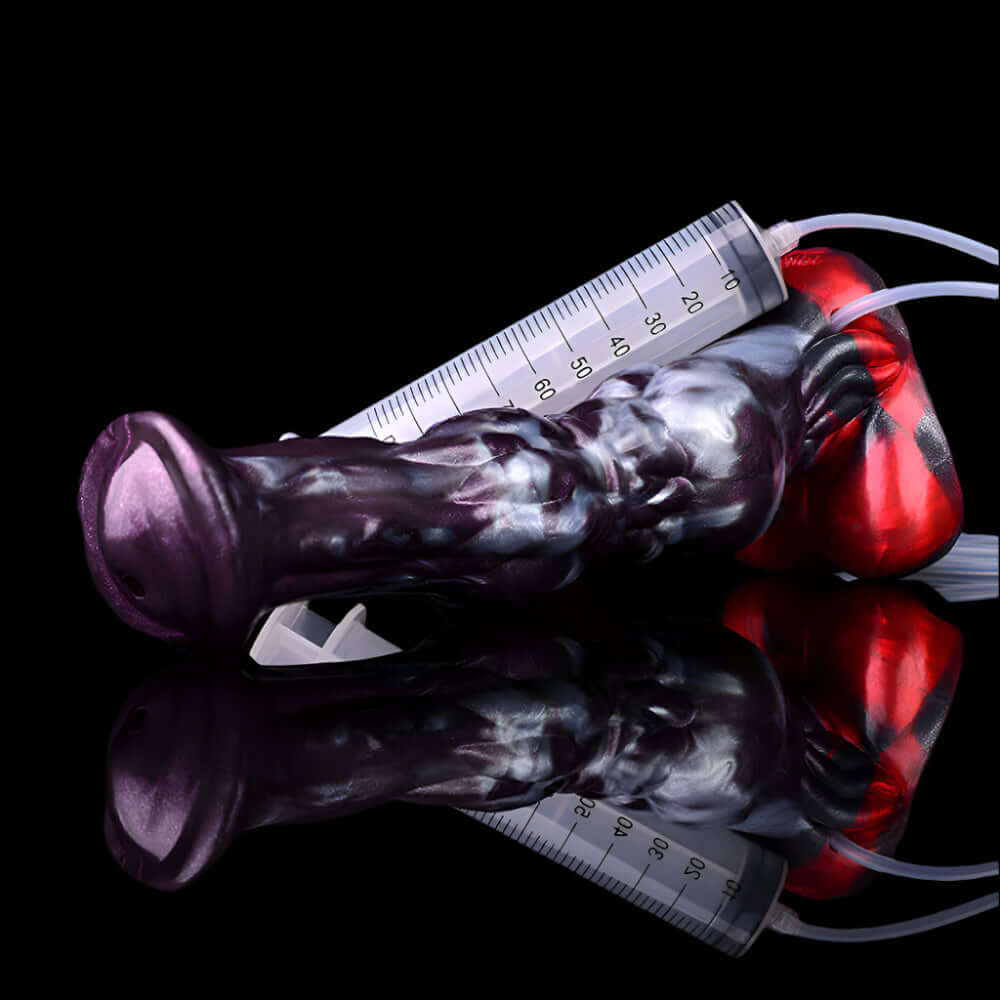 Zenyatta - Squirting (26cm) horse dildo with measuring tool for size reference.