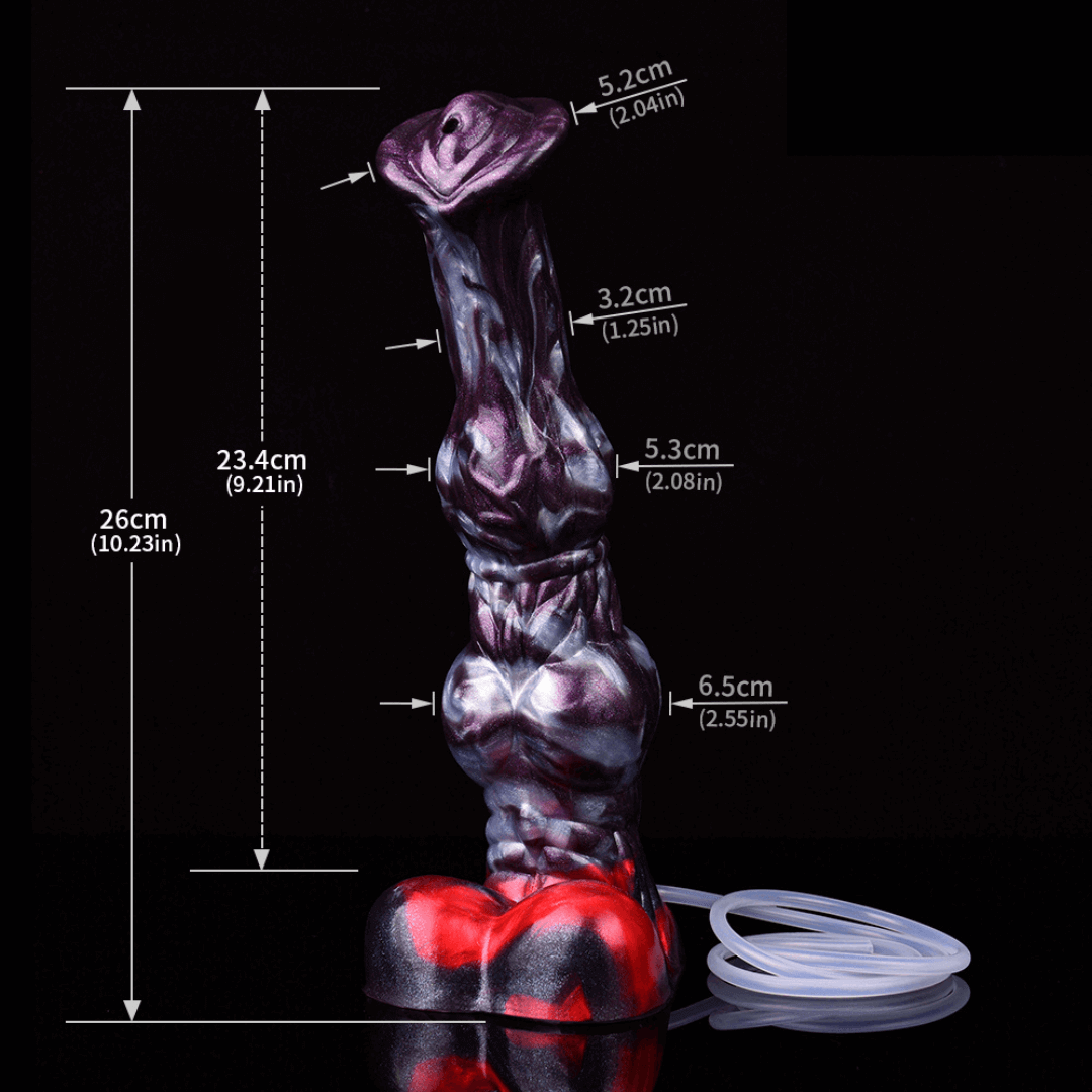 Zenyatta - Squirting (26cm) horse dildo with measurement details on a black background.